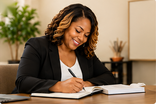 Illustrative portrait of a professional woman writing in a notebook