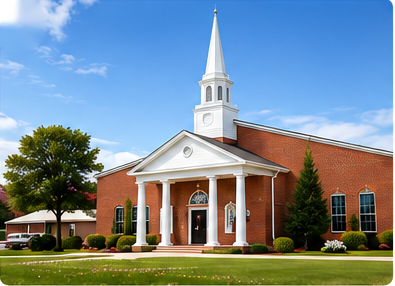Illustrative red brick church with a welcoming entrance