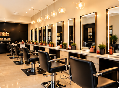 Illustrative modern salon interior with styling chairs and mirrors